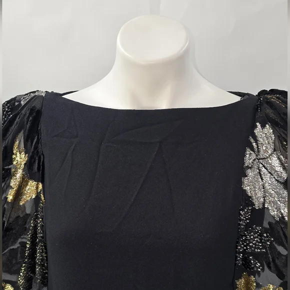 RICHILENE Elegant Black gown With Metallic Gold And Silver Leafs RARE GOWN